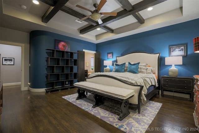 bedroom with ceiling fan, beam ceiling, dark hardwood / wood-style flooring, and coffered ceiling