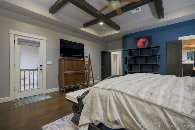 bedroom featuring access to exterior, ceiling fan, coffered ceiling, beamed ceiling, and dark hardwood / wood-style floors