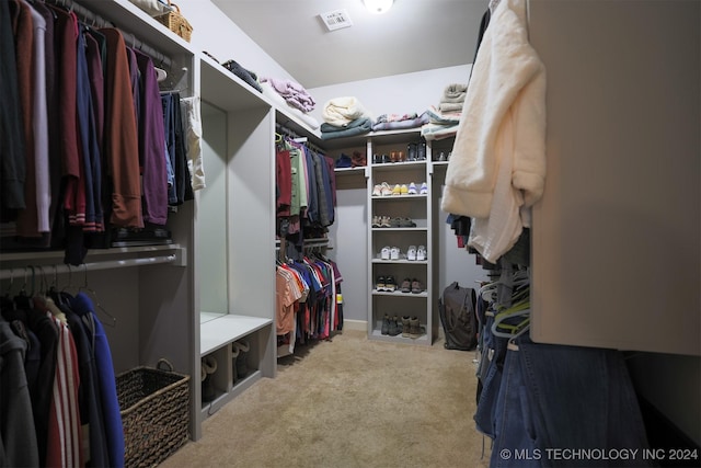 walk in closet with light carpet