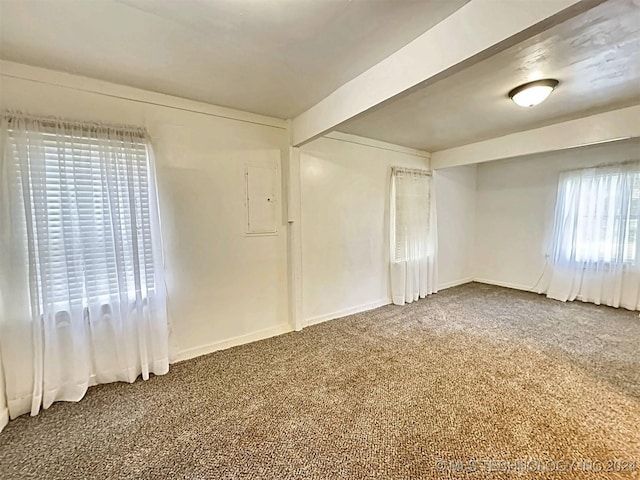 carpeted empty room with beamed ceiling and plenty of natural light