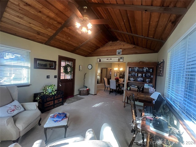 living room featuring lofted ceiling with beams, carpet floors, ceiling fan, and wood ceiling