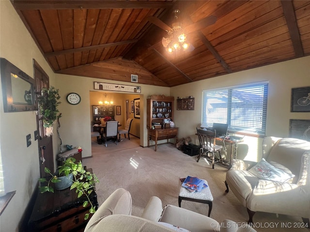 carpeted living room featuring vaulted ceiling with beams, a chandelier, and wooden ceiling