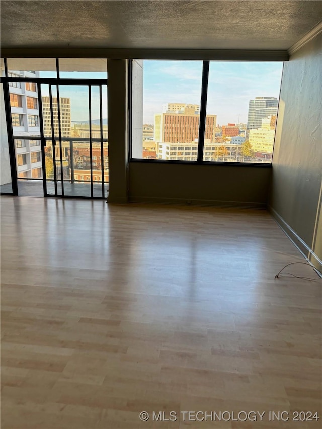 empty room featuring wood-type flooring, a wealth of natural light, and crown molding