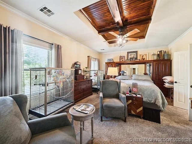 bedroom with carpet, crown molding, ceiling fan, access to exterior, and wood ceiling