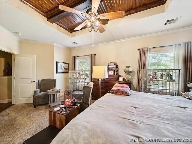 bedroom with carpet, ceiling fan, wooden ceiling, and multiple windows