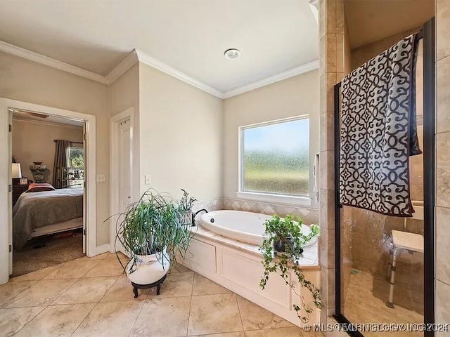 bathroom with tile patterned flooring, a wealth of natural light, and ornamental molding