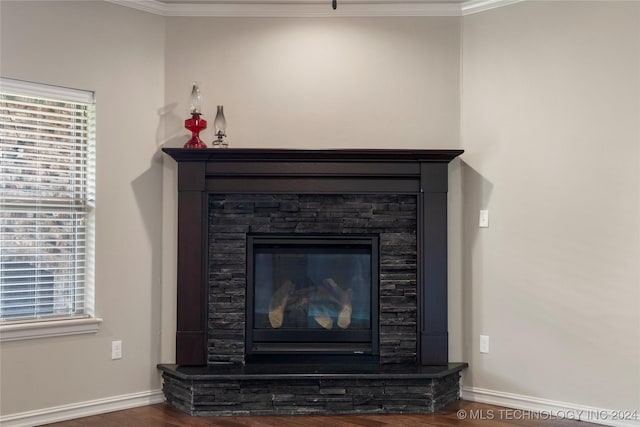 details featuring hardwood / wood-style floors, a stone fireplace, and ornamental molding