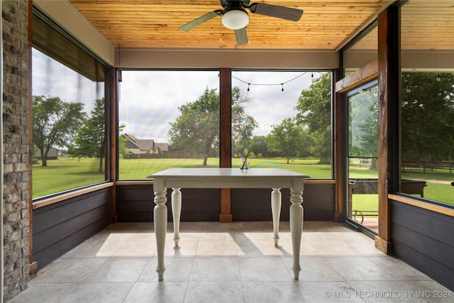 unfurnished sunroom with ceiling fan and wood ceiling