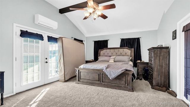 bedroom with a wall mounted air conditioner, french doors, ceiling fan, access to exterior, and light colored carpet