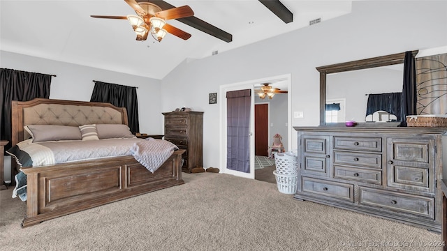 carpeted bedroom with ceiling fan and lofted ceiling