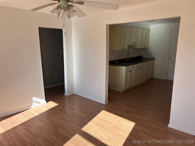 kitchen featuring ceiling fan, sink, and dark wood-type flooring