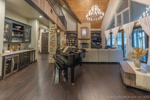 misc room featuring high vaulted ceiling, wood ceiling, dark wood-type flooring, and beverage cooler