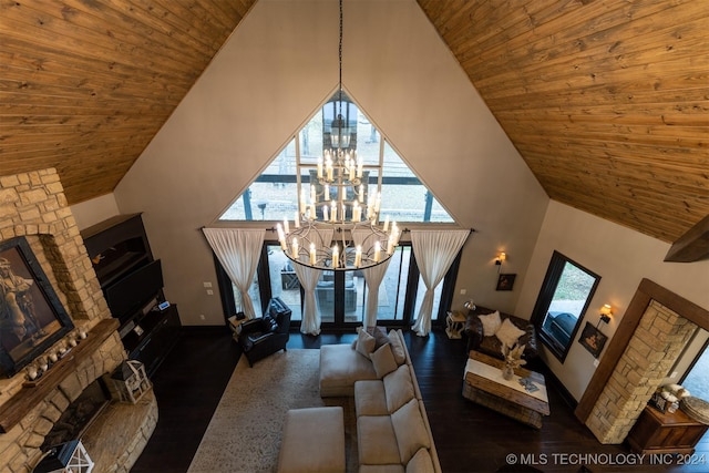 living room with a chandelier, a fireplace, high vaulted ceiling, and wood ceiling