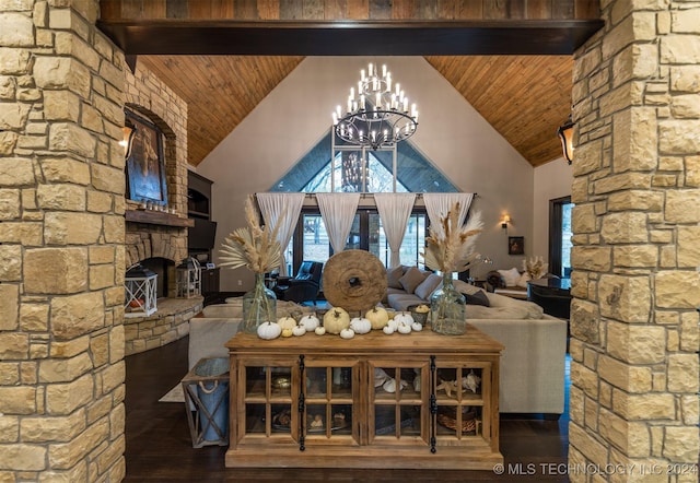 unfurnished living room featuring an outdoor stone fireplace, dark wood-type flooring, and wood ceiling