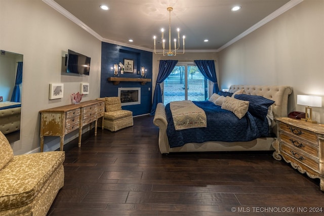 bedroom with crown molding, dark hardwood / wood-style flooring, and a notable chandelier