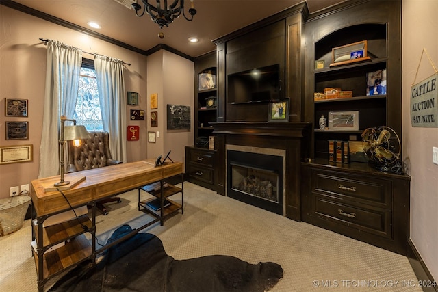 home office featuring carpet floors and ornamental molding