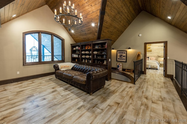 living room featuring light hardwood / wood-style floors, wood ceiling, and high vaulted ceiling