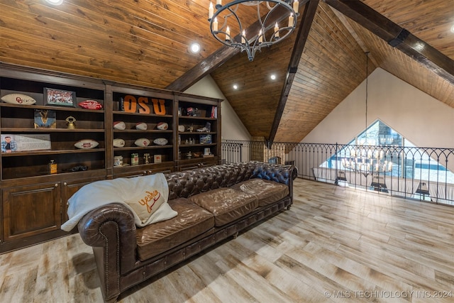 living room featuring beamed ceiling, light hardwood / wood-style floors, a chandelier, and wooden ceiling