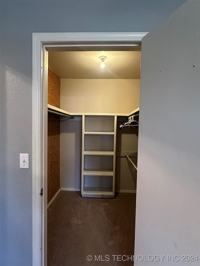 walk in closet featuring dark colored carpet