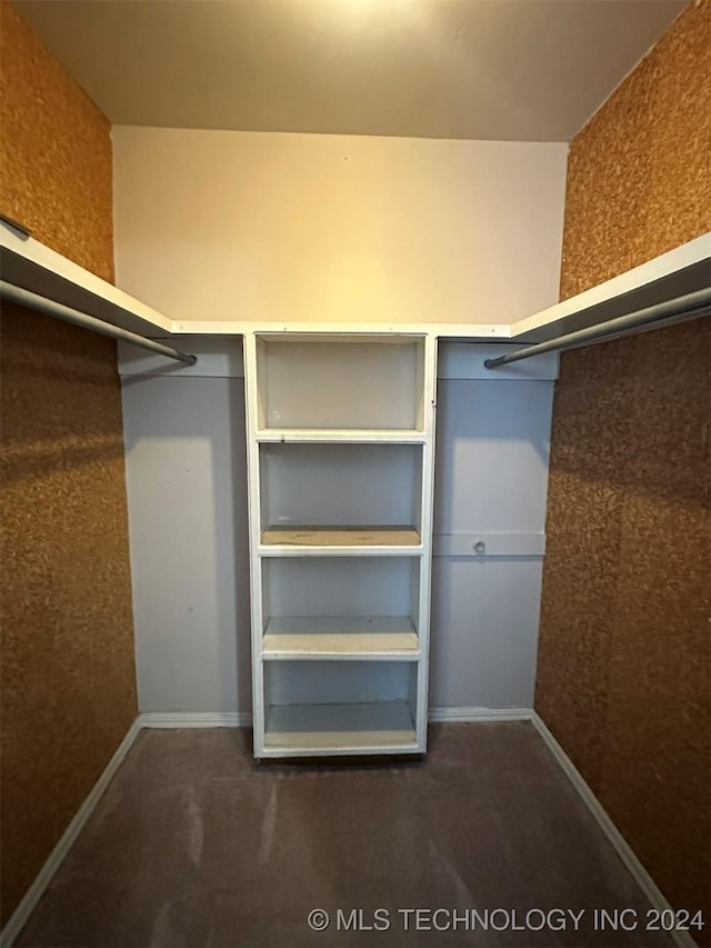 walk in closet with dark carpet