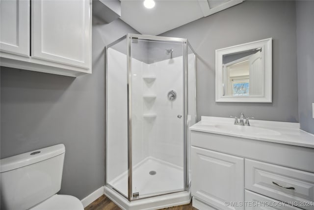 bathroom with hardwood / wood-style flooring, vanity, a shower with shower door, and toilet