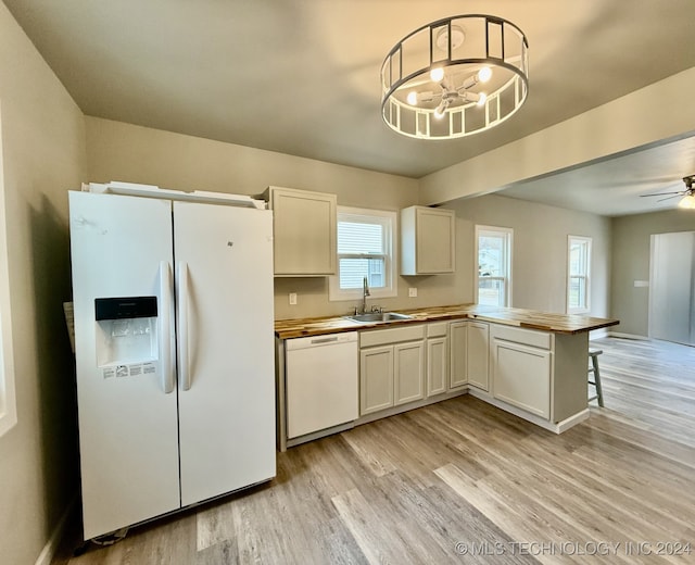 kitchen featuring white cabinetry, sink, kitchen peninsula, light hardwood / wood-style floors, and white appliances