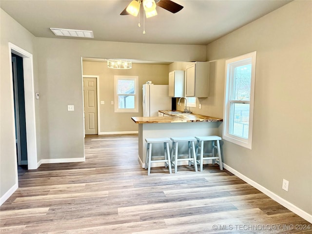 kitchen featuring a breakfast bar area, kitchen peninsula, light hardwood / wood-style flooring, and white refrigerator