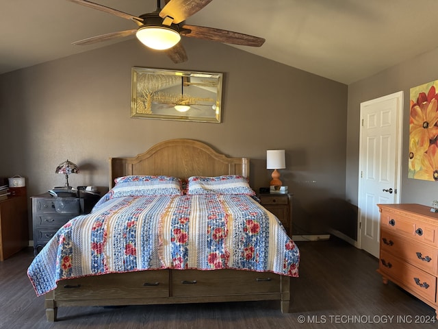 bedroom featuring dark hardwood / wood-style floors, ceiling fan, and lofted ceiling