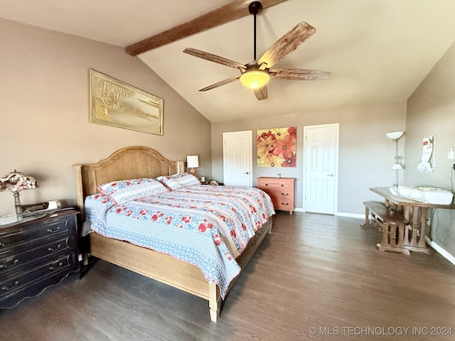 bedroom with ceiling fan, dark hardwood / wood-style flooring, and lofted ceiling with beams