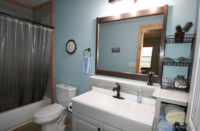 full bathroom with vanity, toilet, and shower / bathtub combination with curtain