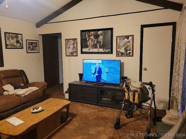 carpeted living room featuring lofted ceiling with beams