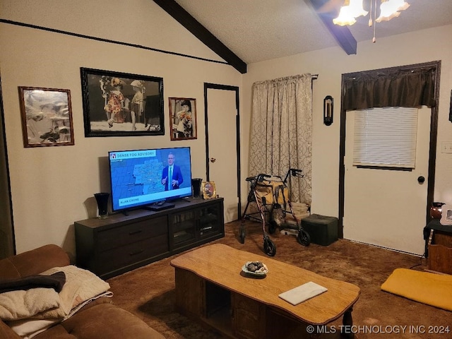 carpeted living room with vaulted ceiling with beams, ceiling fan, and a textured ceiling