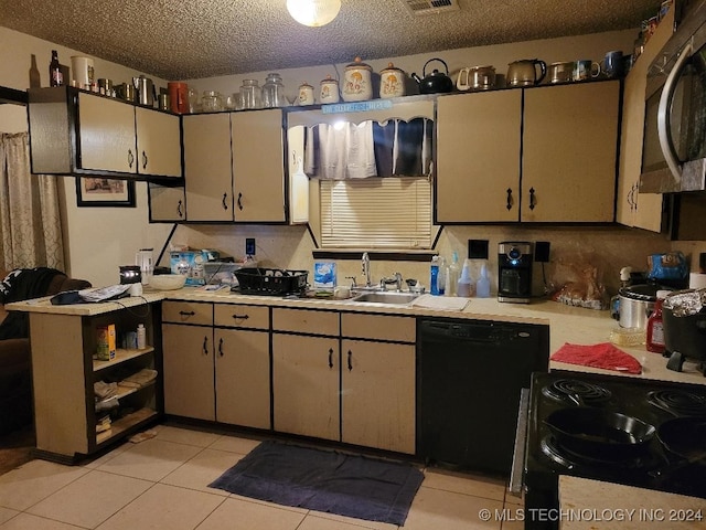 kitchen featuring sink, light tile patterned floors, a textured ceiling, and black appliances