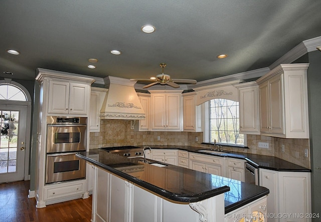 kitchen featuring appliances with stainless steel finishes, sink, a wealth of natural light, and custom exhaust hood