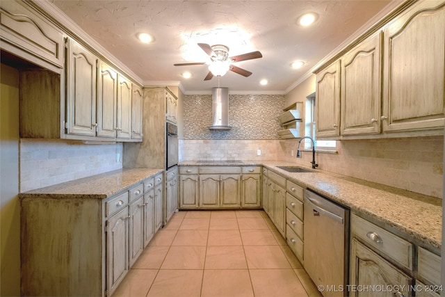 kitchen with wall chimney range hood, sink, decorative backsplash, ornamental molding, and appliances with stainless steel finishes