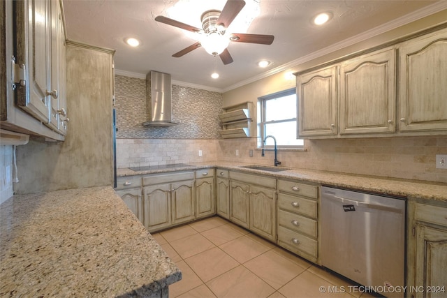 kitchen featuring backsplash, crown molding, sink, stainless steel dishwasher, and wall chimney exhaust hood