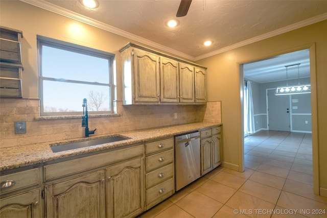 kitchen with dishwasher, tasteful backsplash, crown molding, and sink