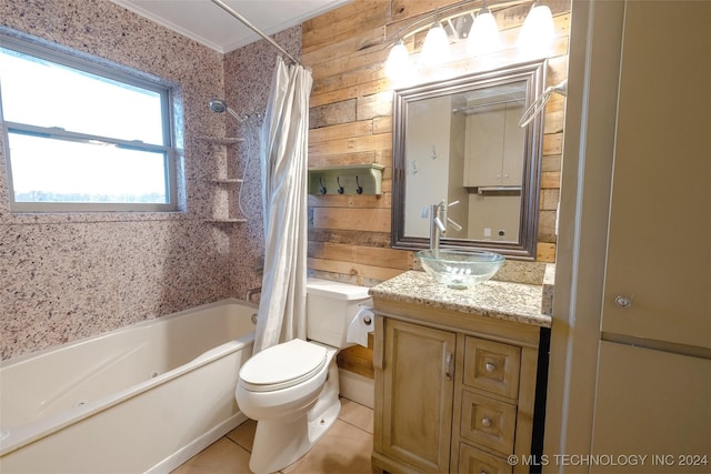 full bathroom featuring tile patterned flooring, shower / bath combination with curtain, toilet, vanity, and ornamental molding