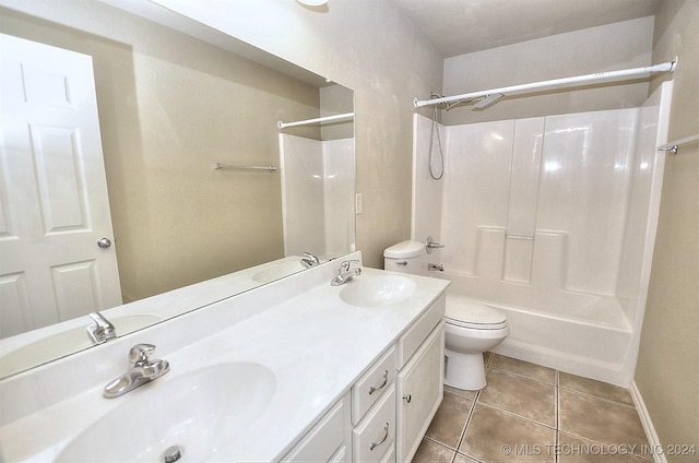 full bathroom featuring shower / tub combination, tile patterned flooring, vanity, and toilet