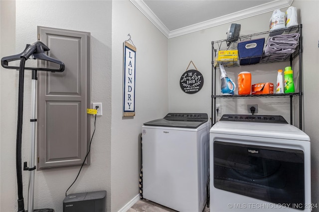 clothes washing area featuring washing machine and dryer and ornamental molding