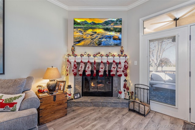 living room with a fireplace, wood-type flooring, and ornamental molding