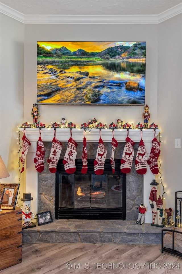 room details featuring hardwood / wood-style flooring, crown molding, and a fireplace