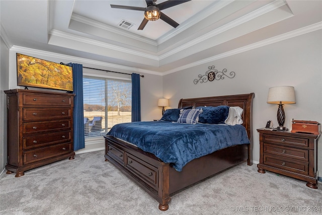 bedroom with a raised ceiling, crown molding, and ceiling fan