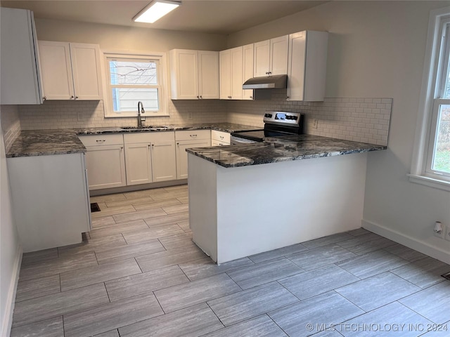 kitchen featuring a healthy amount of sunlight, white cabinetry, stainless steel electric range oven, and sink