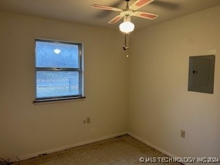 spare room with ceiling fan and electric panel