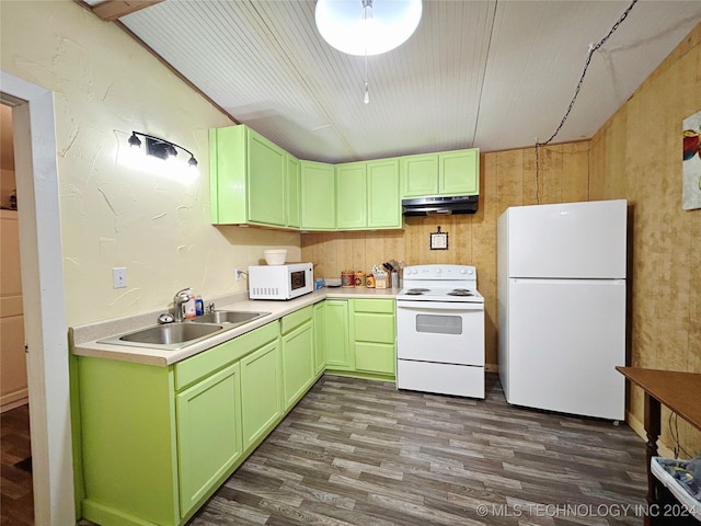 kitchen featuring green cabinetry, white appliances, sink, and dark wood-type flooring