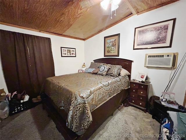 carpeted bedroom featuring a wall mounted air conditioner, wooden ceiling, ceiling fan, and lofted ceiling