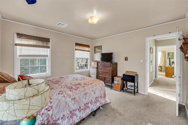 bedroom featuring crown molding and carpet floors