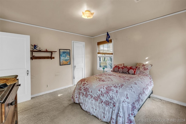 bedroom featuring light colored carpet