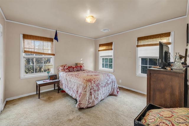 bedroom with carpet floors and crown molding